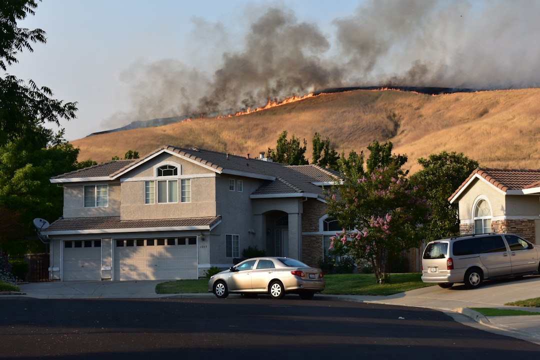 Wildfire burns a dry hillside near suburban homes.